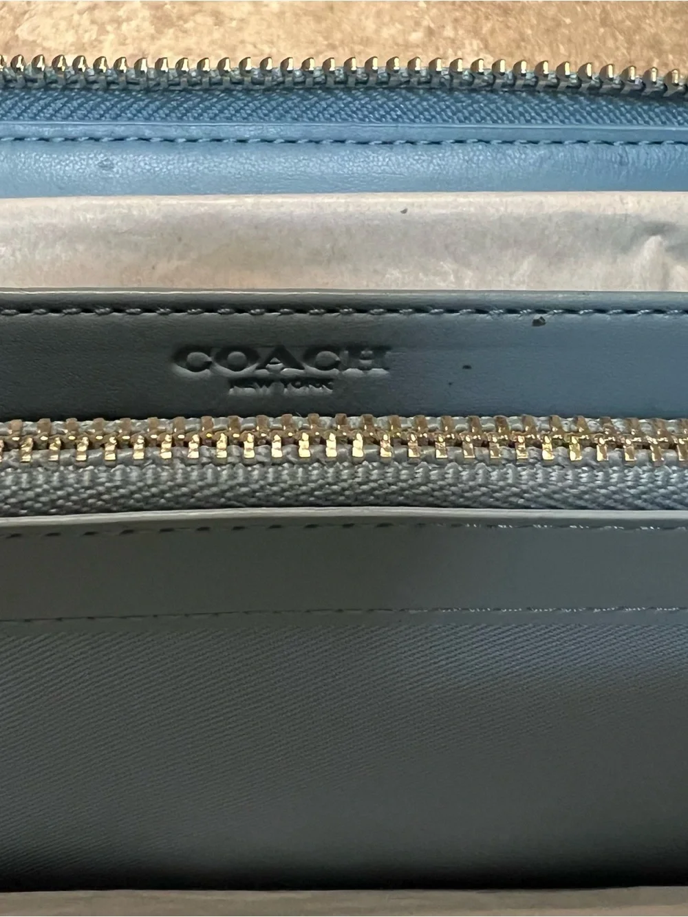 Coach Blue Floral Zip Card Holder with Gold Logo